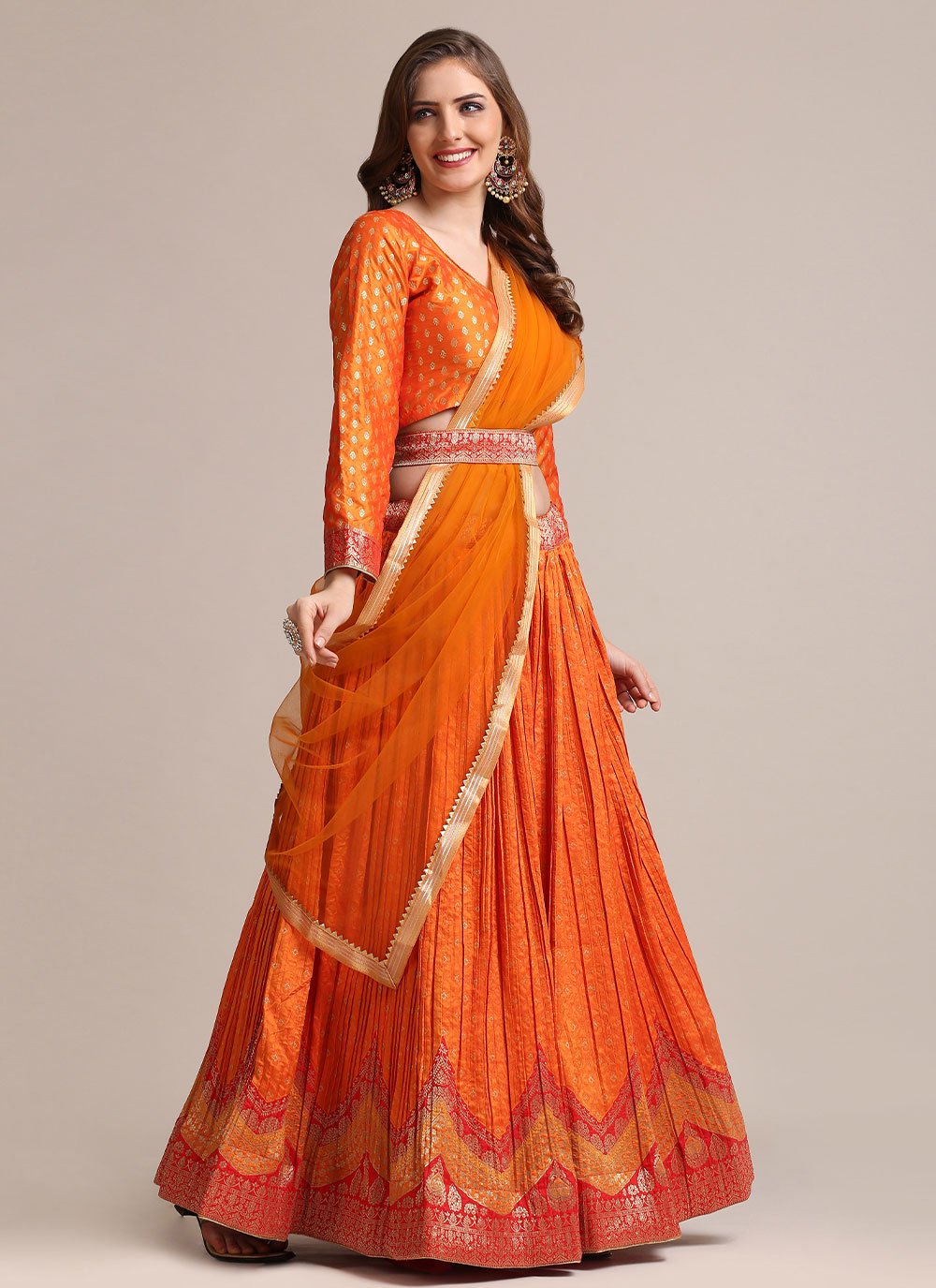 Lehenga Choli Jacquard Silk Orange Woven Lehenga Choli