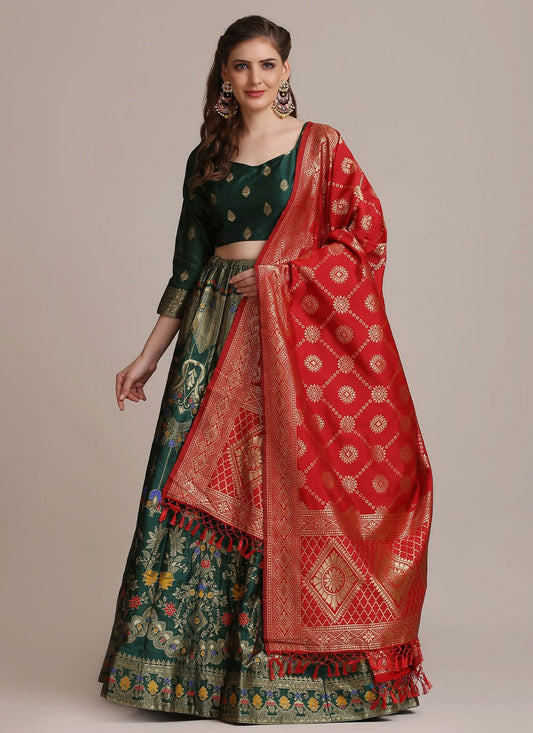 Lehenga Choli Jacquard Silk Green Woven Lehenga Choli