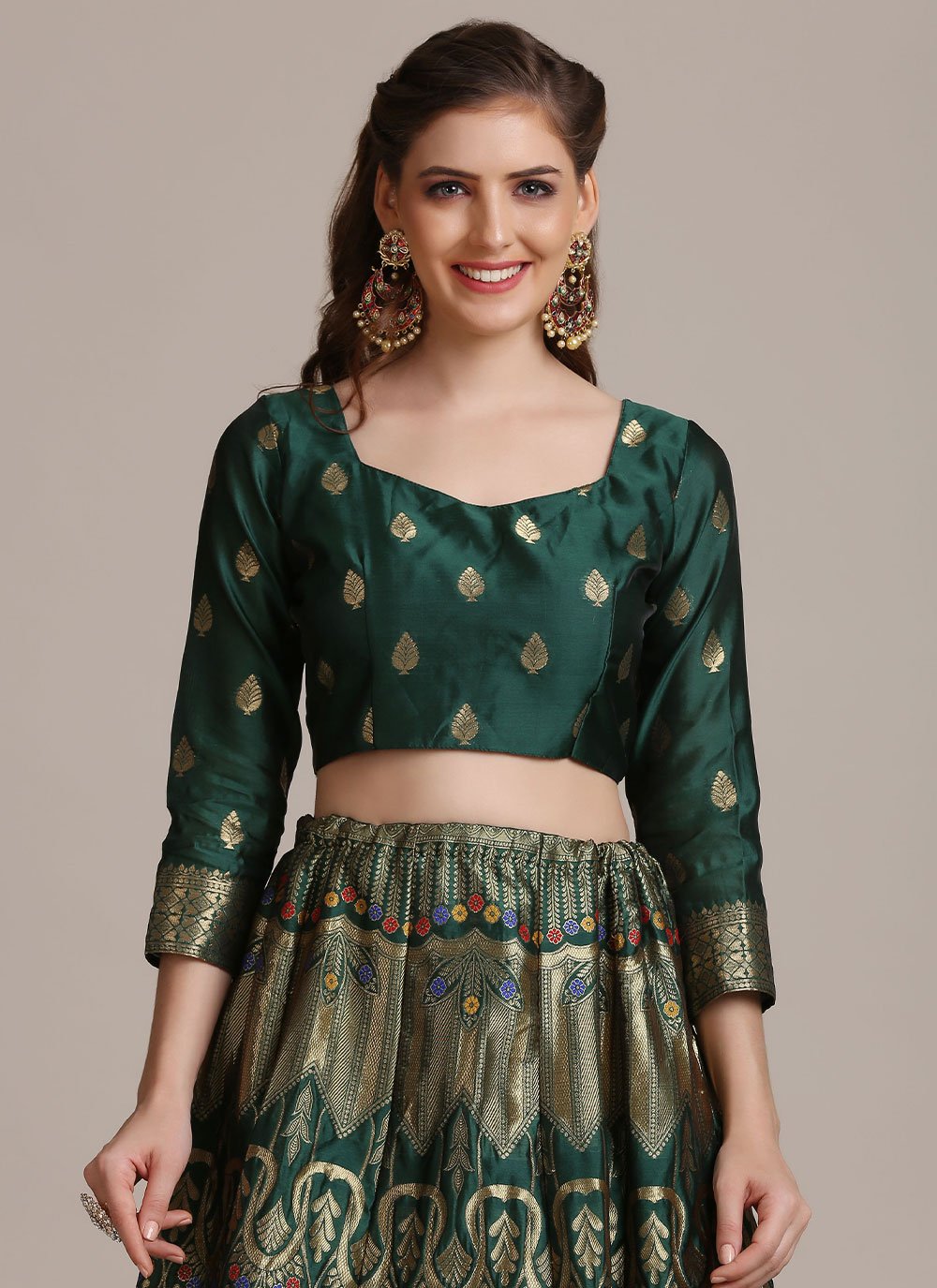 Lehenga Choli Jacquard Silk Green Woven Lehenga Choli