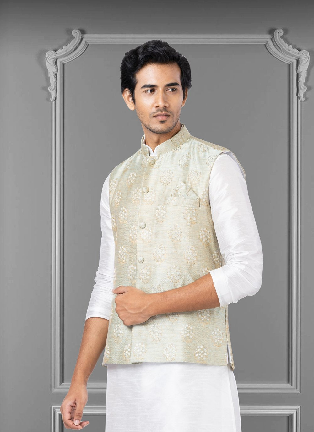 Nehru Jackets Jacquard Silk Green Embroidered Mens