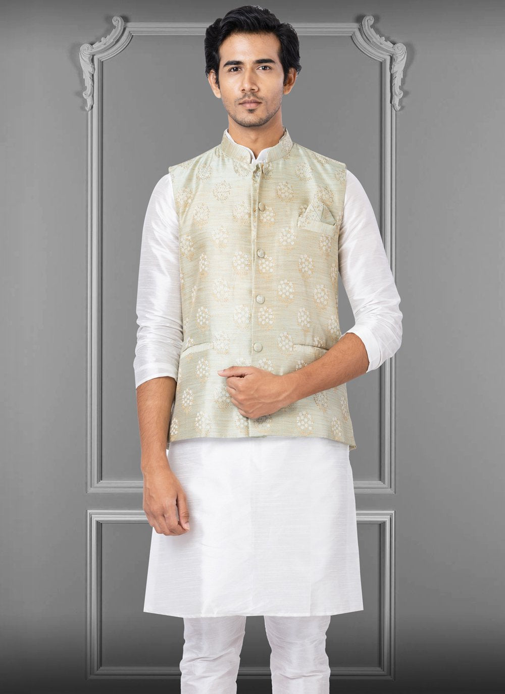 Nehru Jackets Jacquard Silk Green Embroidered Mens