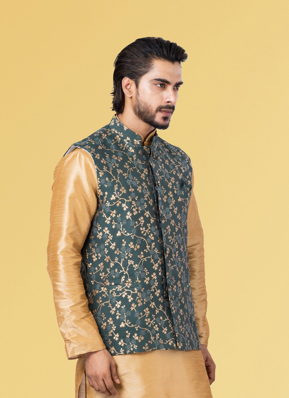 Nehru Jackets Jacquard Silk Green Embroidered Mens