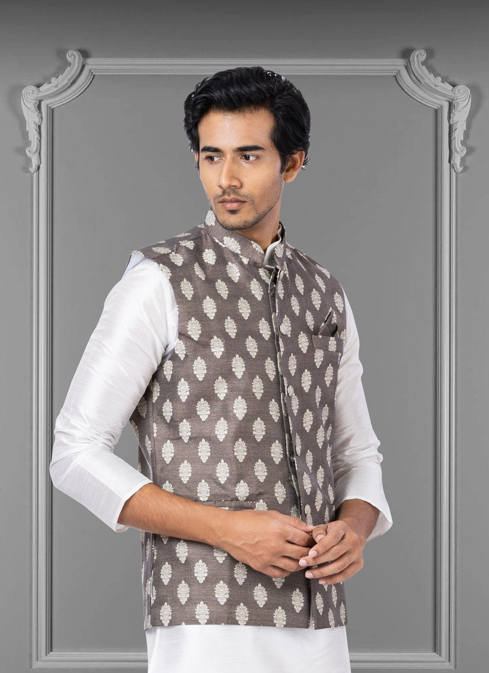 Nehru Jackets Jacquard Silk Grey Embroidered Mens