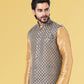 Nehru Jackets Jacquard Silk Grey Embroidered Mens