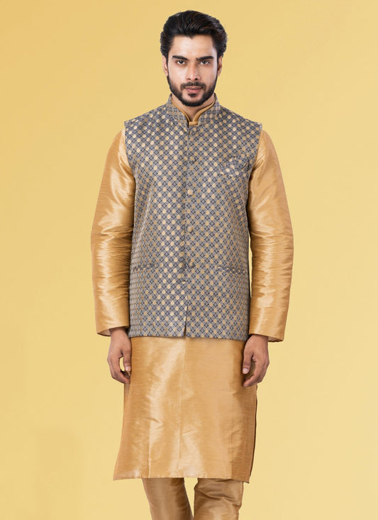 Nehru Jackets Jacquard Silk Grey Embroidered Mens