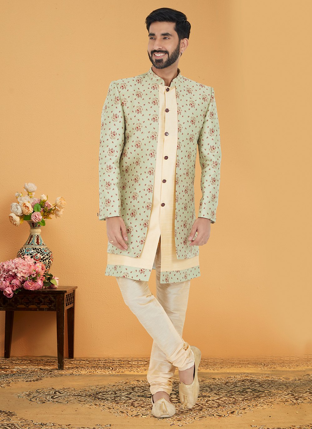 Indo Western Banarasi Silk Jacquard Silk Gold Green Embroidered Mens