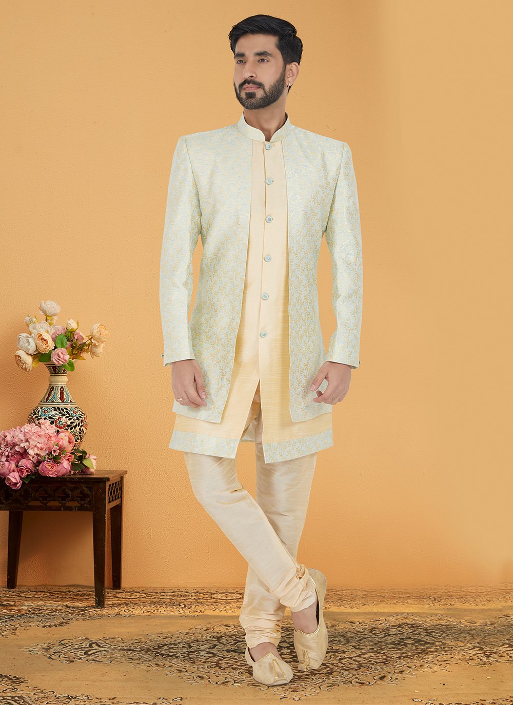 Indo Western Banarasi Silk Jacquard Silk Gold Multi Colour Embroidered Mens