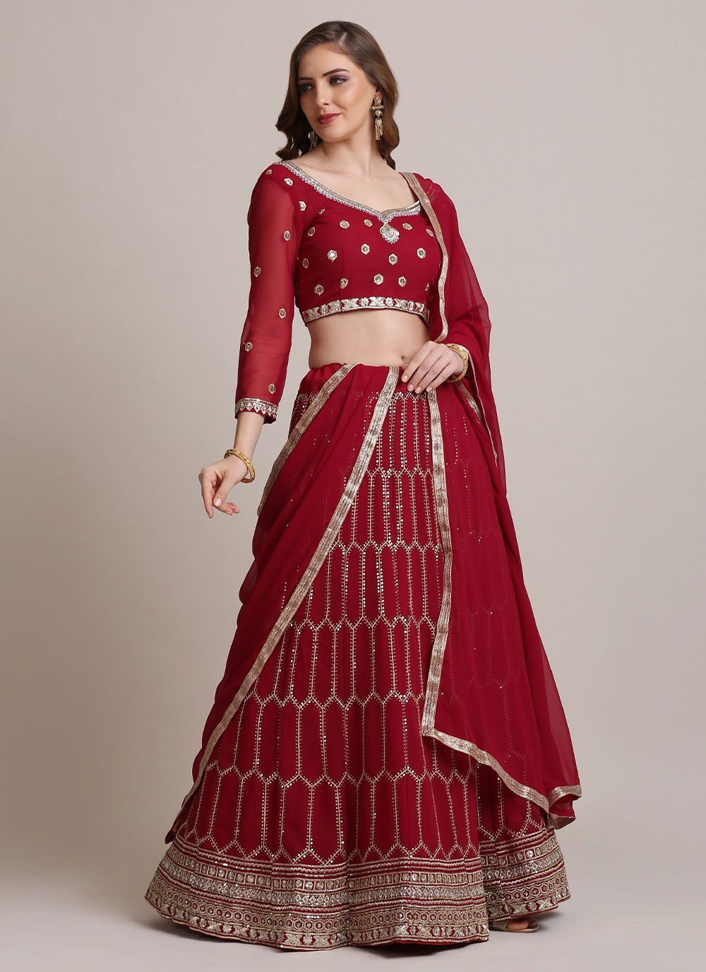 Lehenga Choli Jacquard Silk Maroon Sequins Lehenga Choli