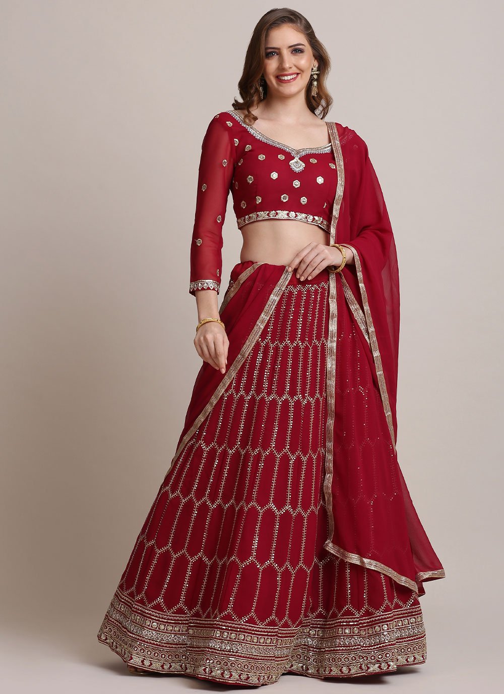 Lehenga Choli Jacquard Silk Maroon Sequins Lehenga Choli