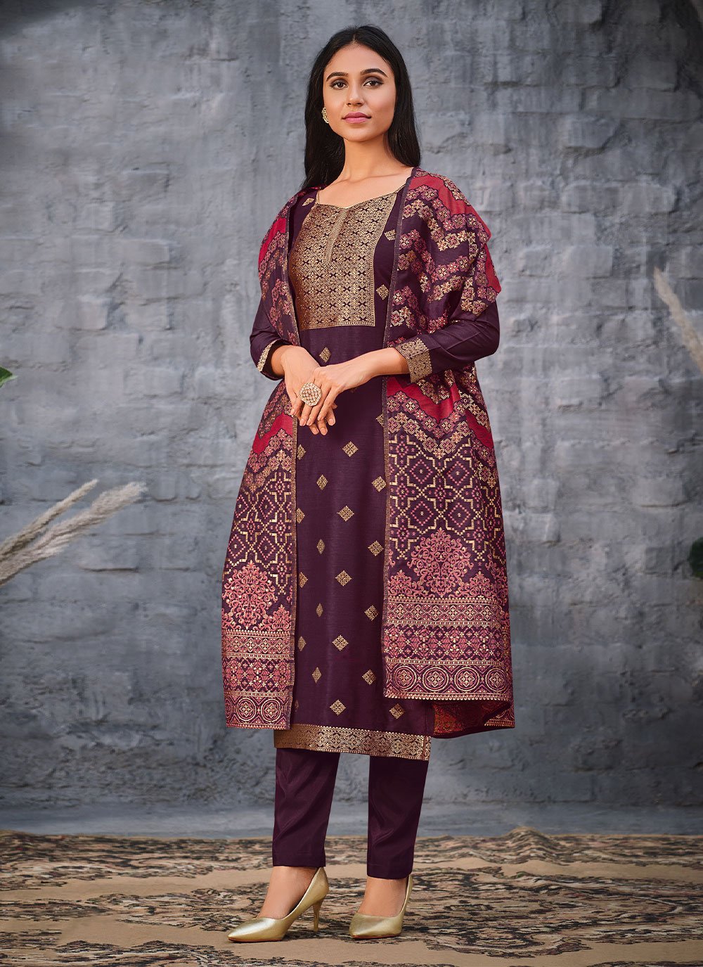 Salwar Suit Jacquard Silk Purple Swarovski Salwar Kameez