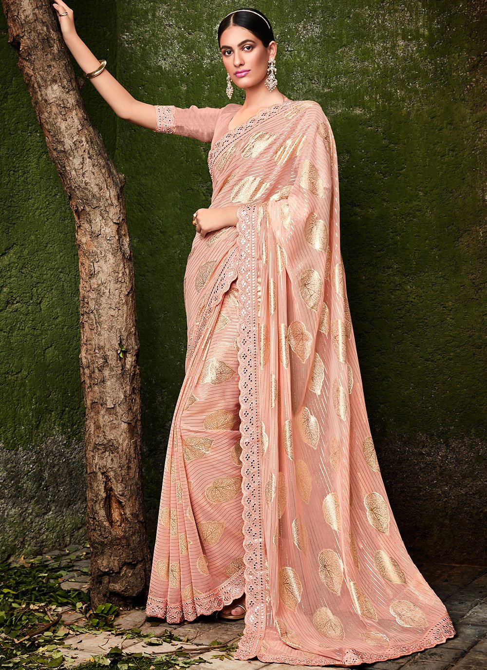 Designer Jacquard Silk Peach Foil Print Saree