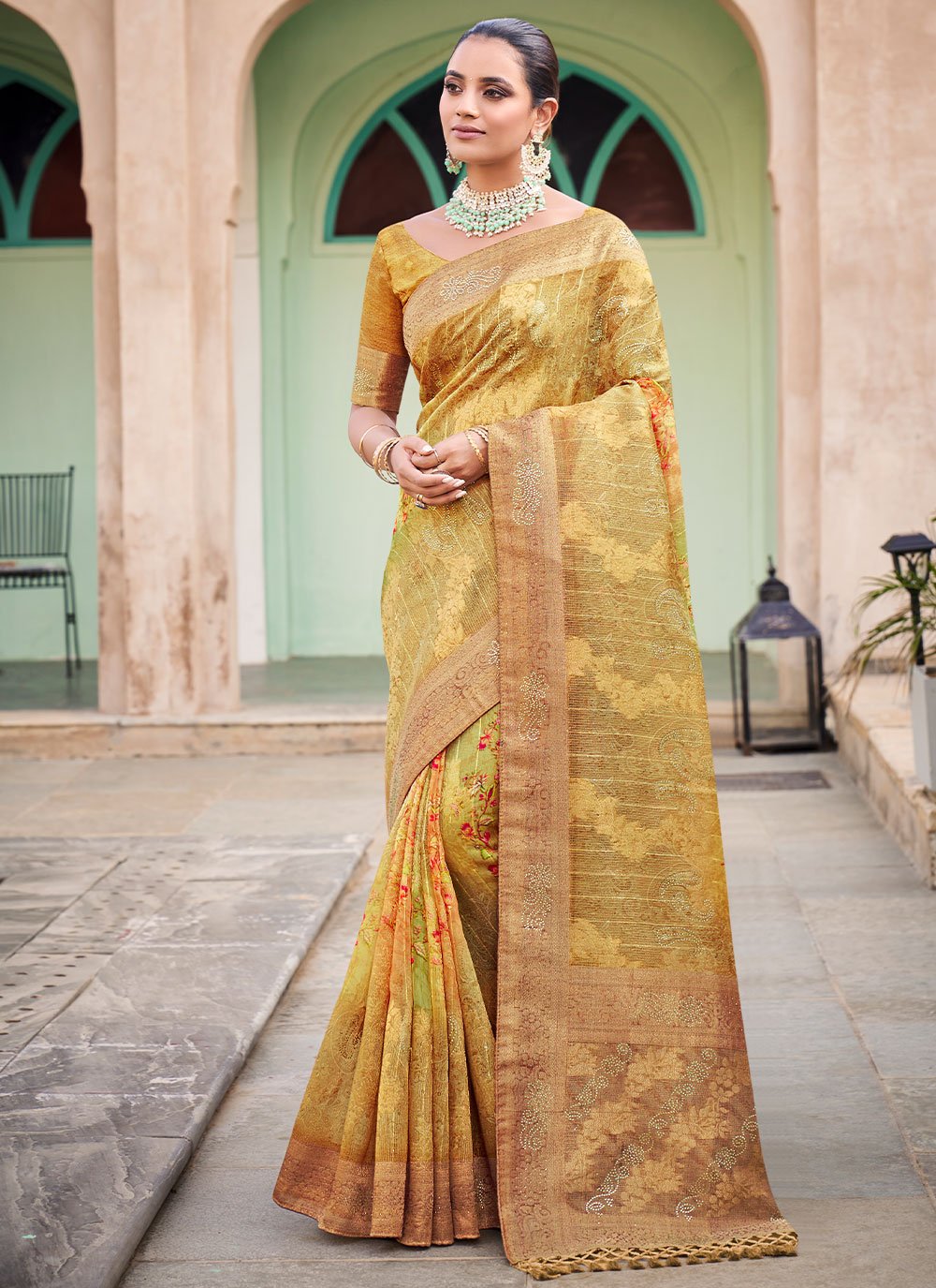 Contemporary Jacquard Silk Multi Colour Swarovski Saree