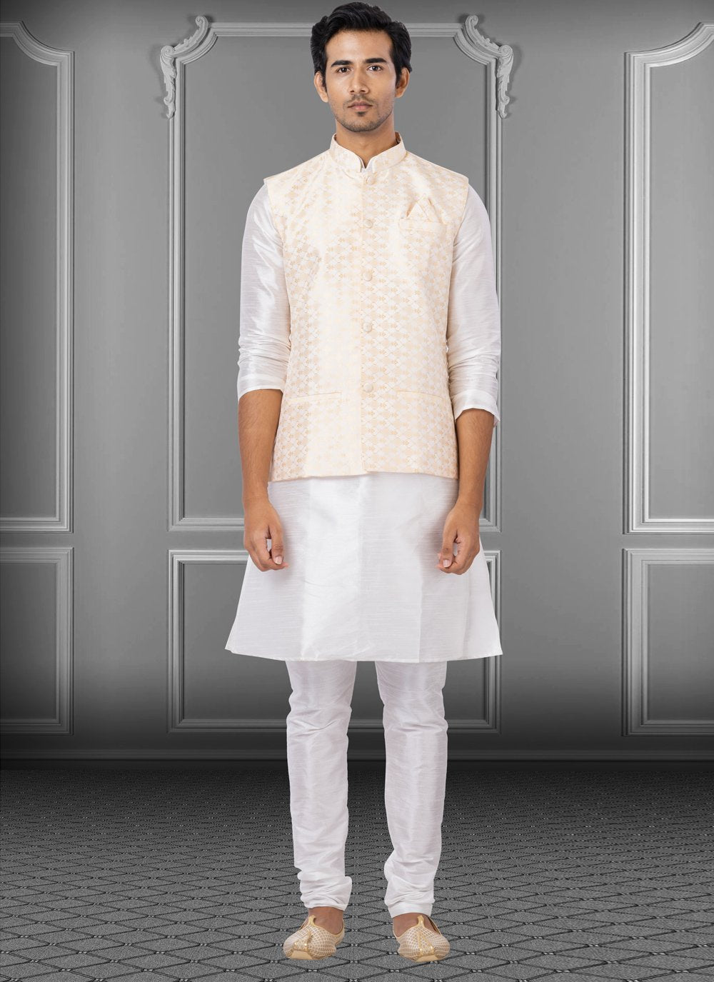 Kurta Payjama With Jacket Dupion Silk Jacquard Silk Off White Peach Fancy Work Mens