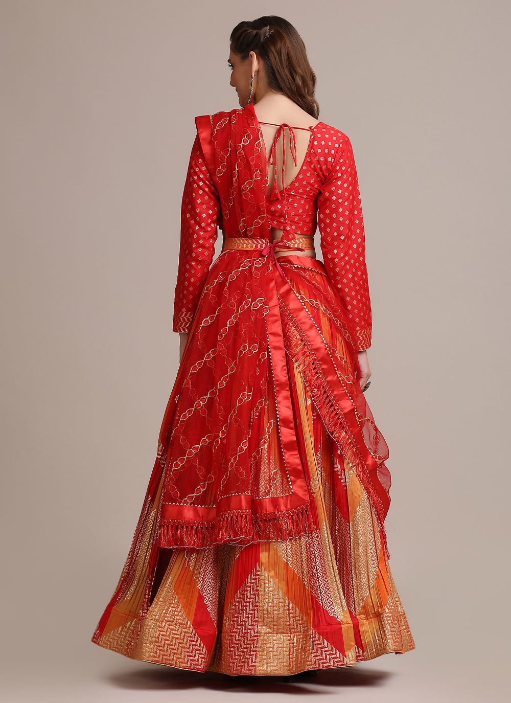 Lehenga Choli Jacquard Silk Orange Red Woven Lehenga Choli