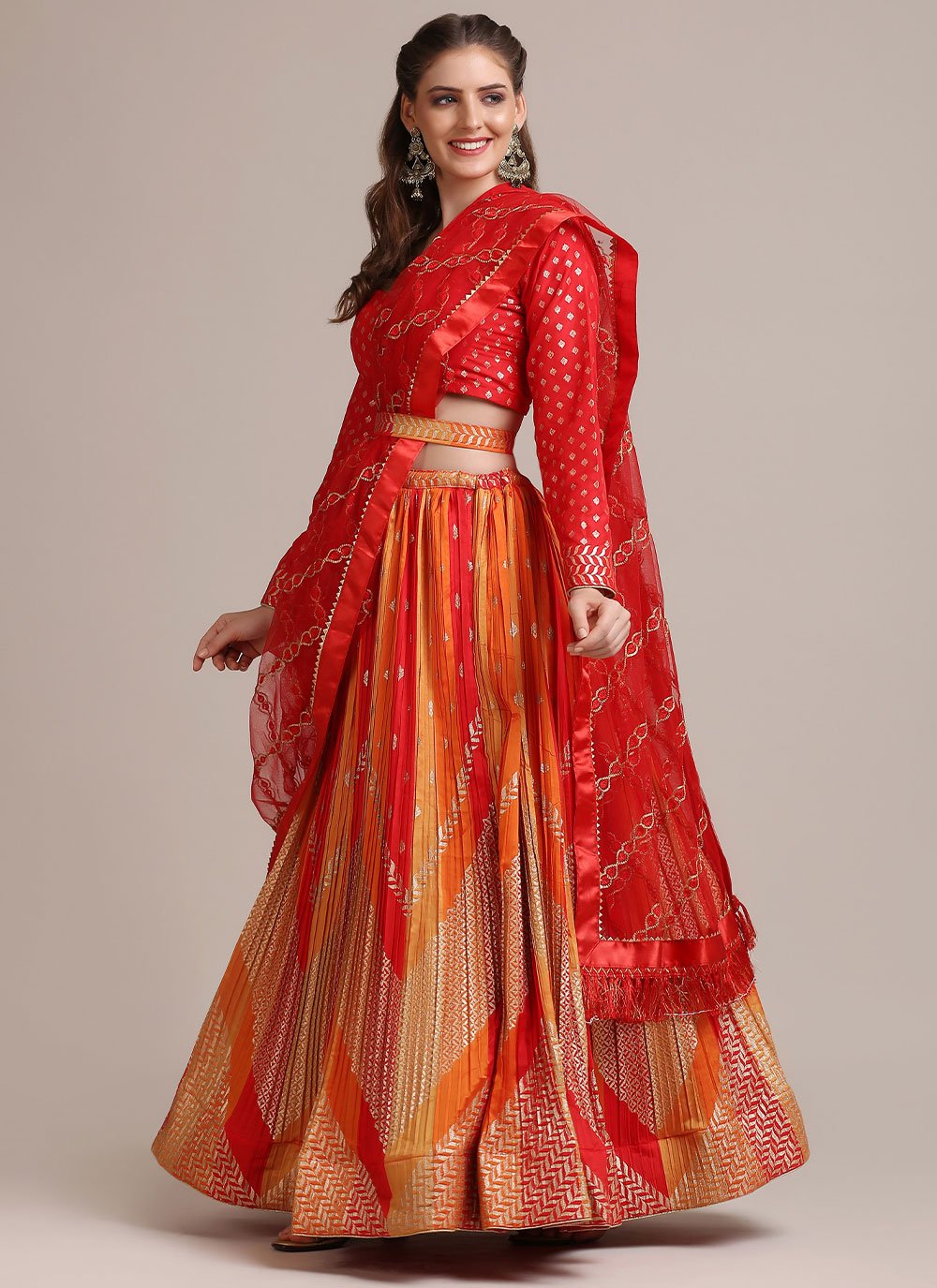 Lehenga Choli Jacquard Silk Orange Red Woven Lehenga Choli