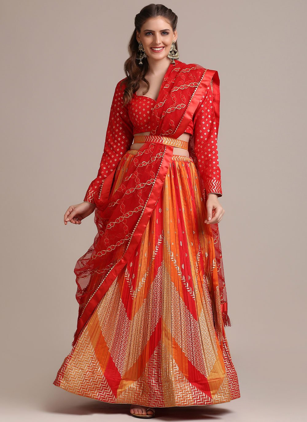 Lehenga Choli Jacquard Silk Orange Red Woven Lehenga Choli