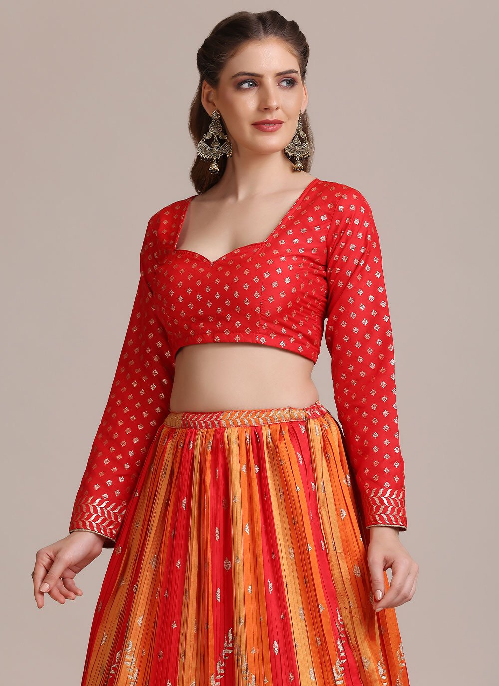 Lehenga Choli Jacquard Silk Orange Red Woven Lehenga Choli