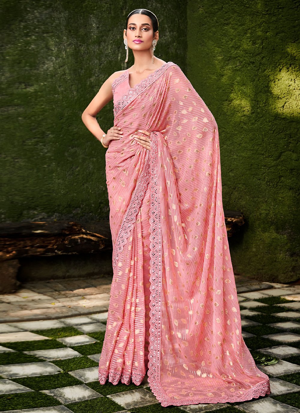 Classic Jacquard Silk Pink Foil Print Saree