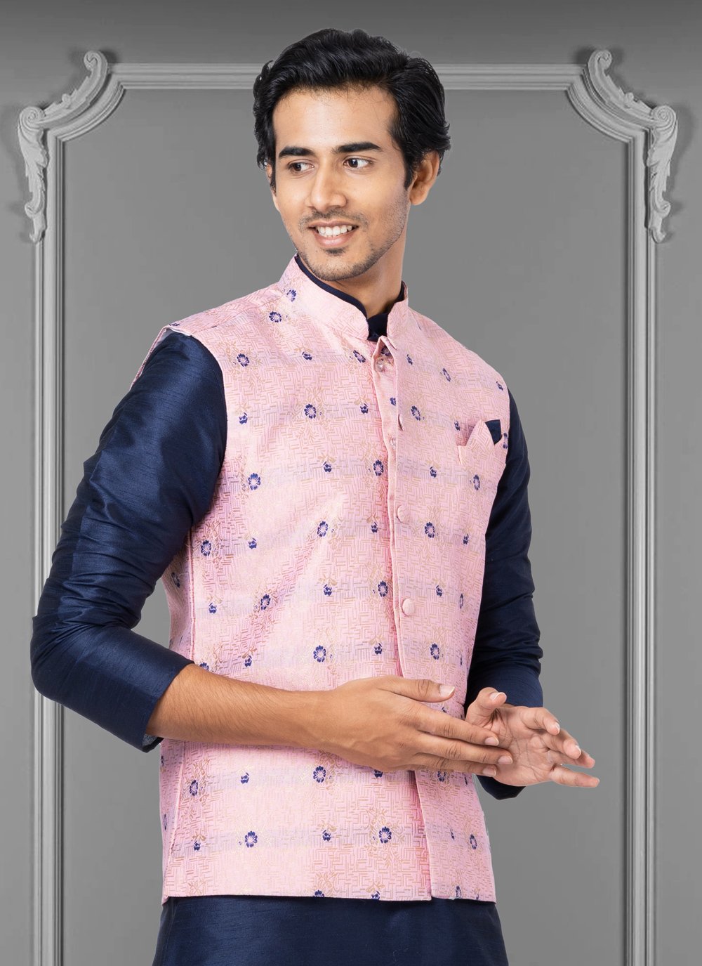 Nehru Jackets Jacquard Silk Pink Embroidered Mens