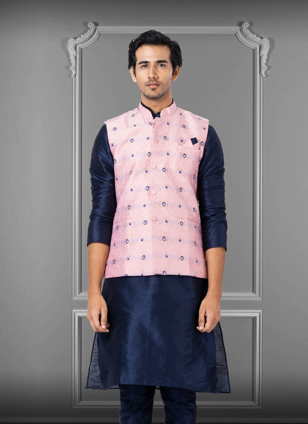 Nehru Jackets Jacquard Silk Pink Embroidered Mens