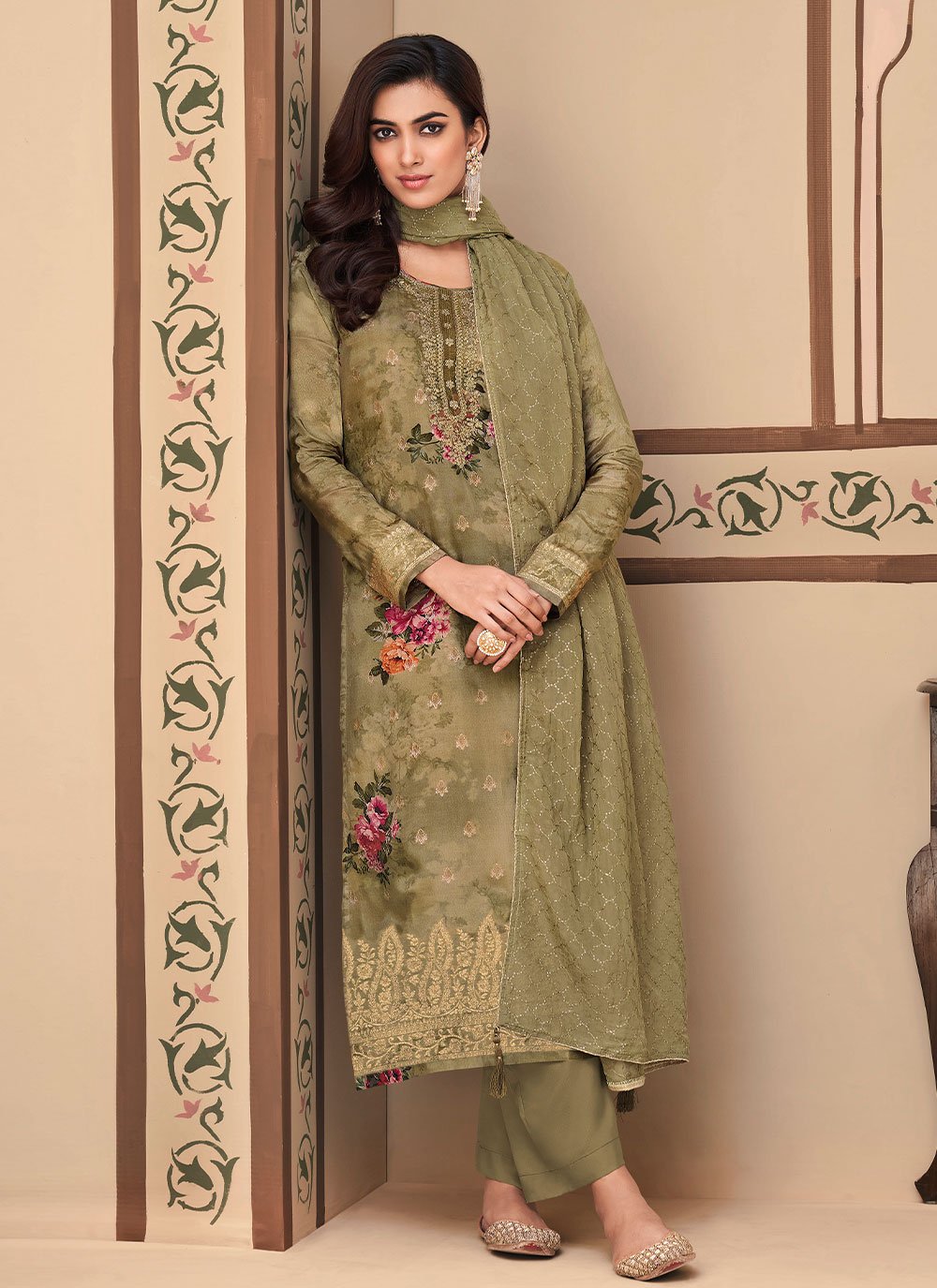 Salwar Suit Jacquard Silk Sea Green Digital Print Salwar Kameez