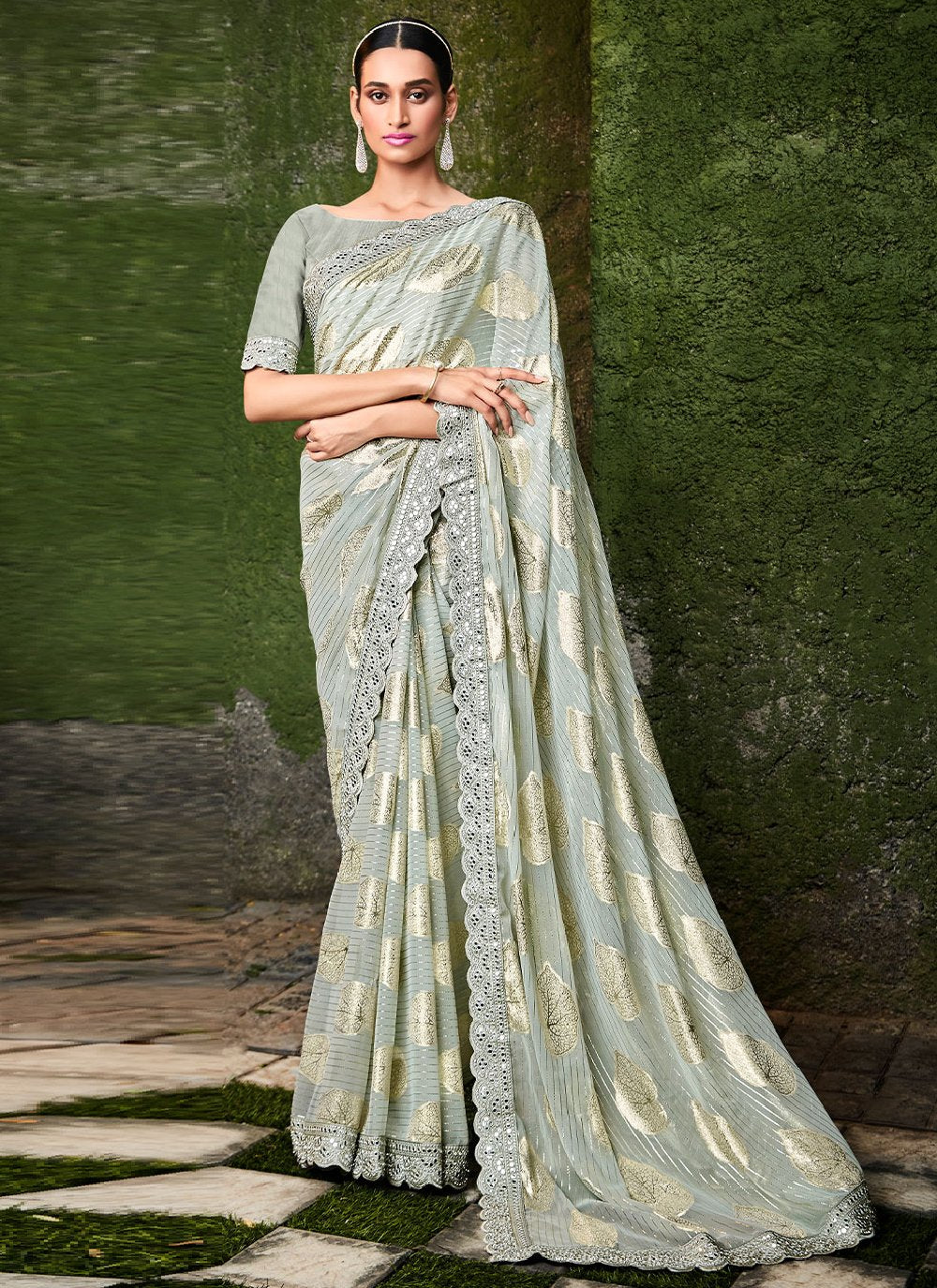 Contemporary Jacquard Silk Sea Green Foil Print Saree