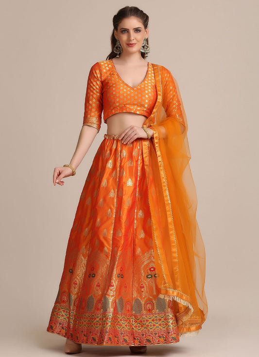 Lehenga Choli Jacquard Silk Orange Woven Lehenga Choli