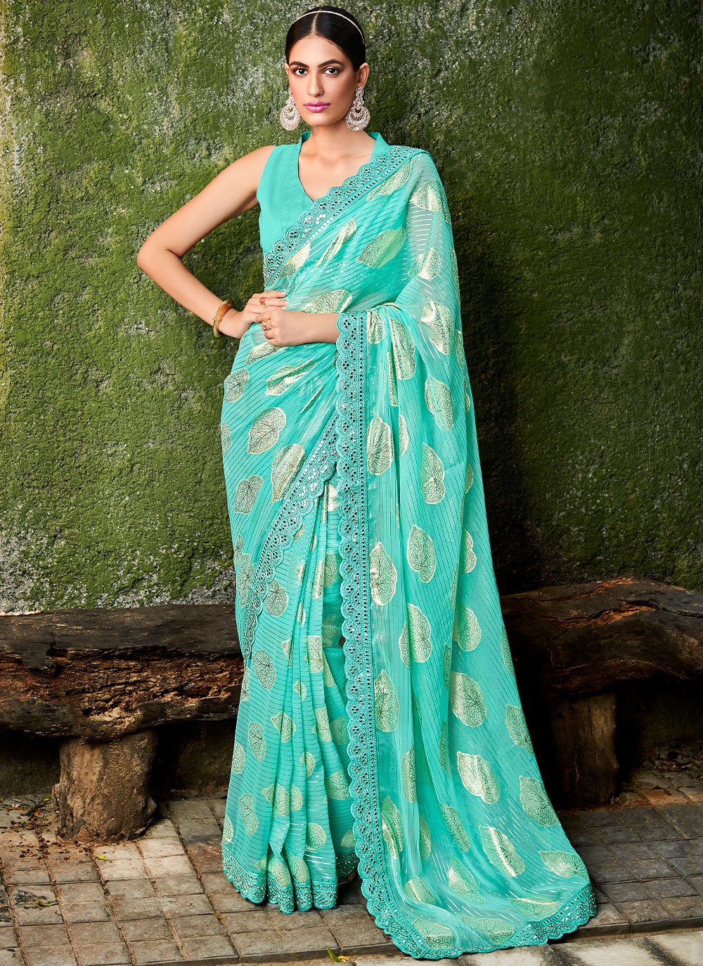 Contemporary Jacquard Silk Turquoise Foil Print Saree