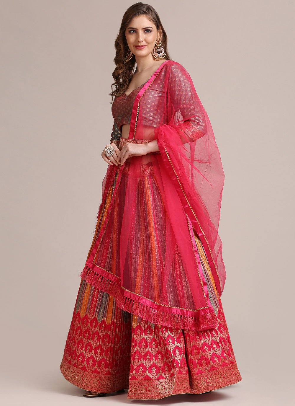 Lehenga Choli Jacquard Silk Multi Colour Woven Lehenga Choli