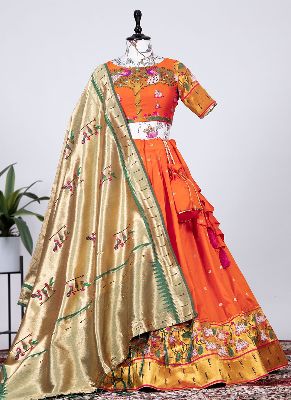 Lehenga Choli Jacquard Silk Orange Weaving Lehenga Choli