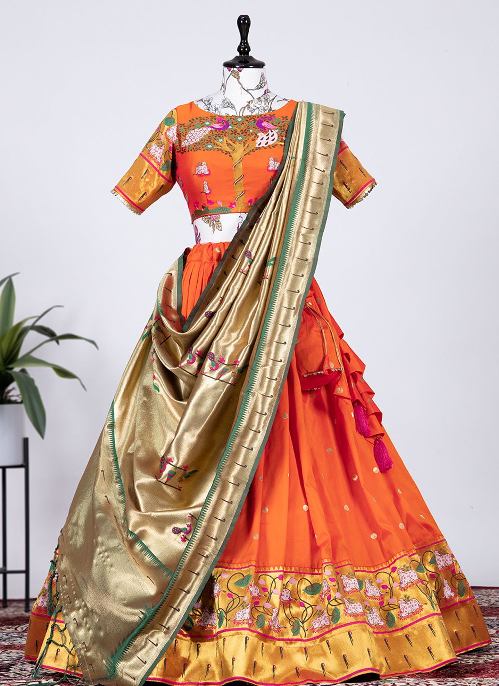 Lehenga Choli Jacquard Silk Orange Weaving Lehenga Choli