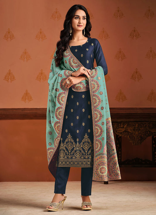 Pant Style Suit Jacquard Silk Blue Swarovski Salwar Kameez
