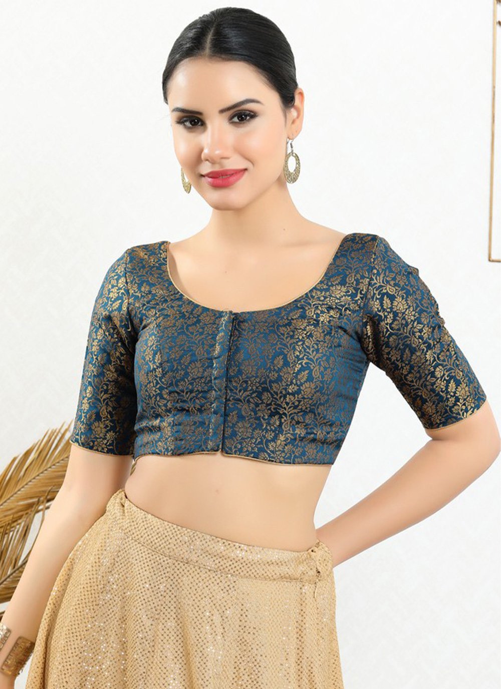 Designer Blouse Jacquard Teal Print Blouse