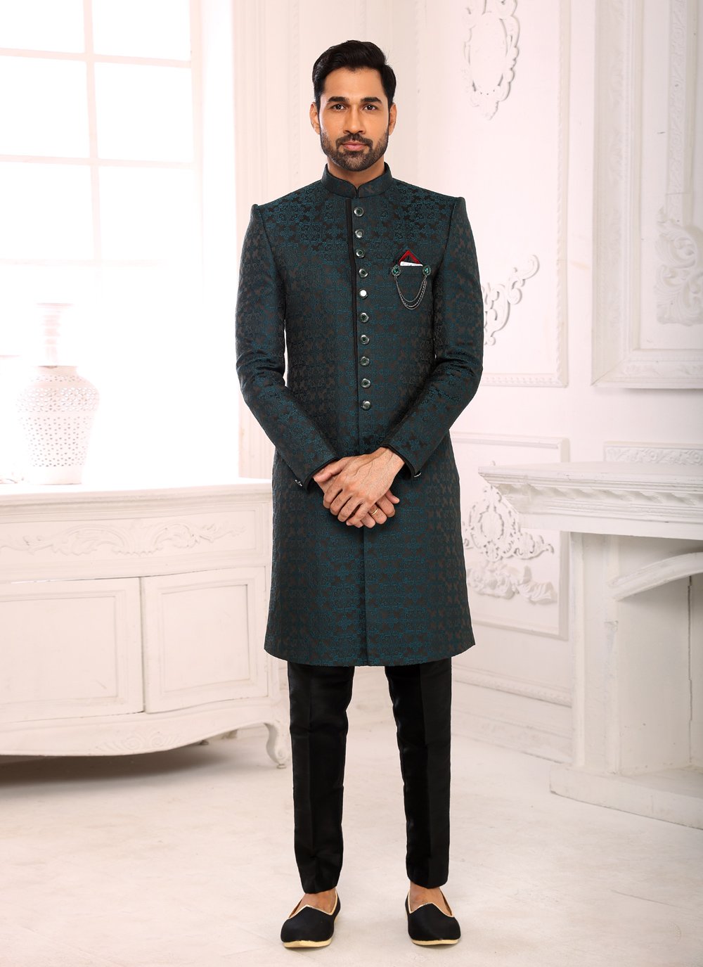 Indo Western Imported Jacquard Teal Embroidered Mens