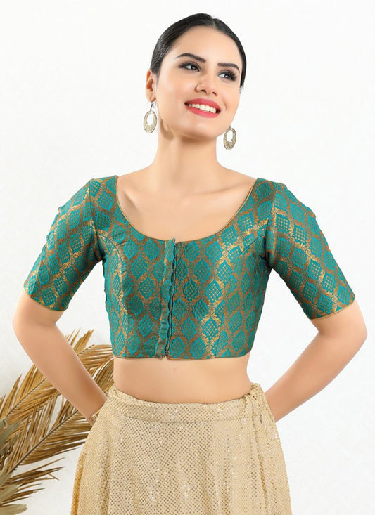 Designer Blouse Jacquard Teal Jacquard Work Blouse