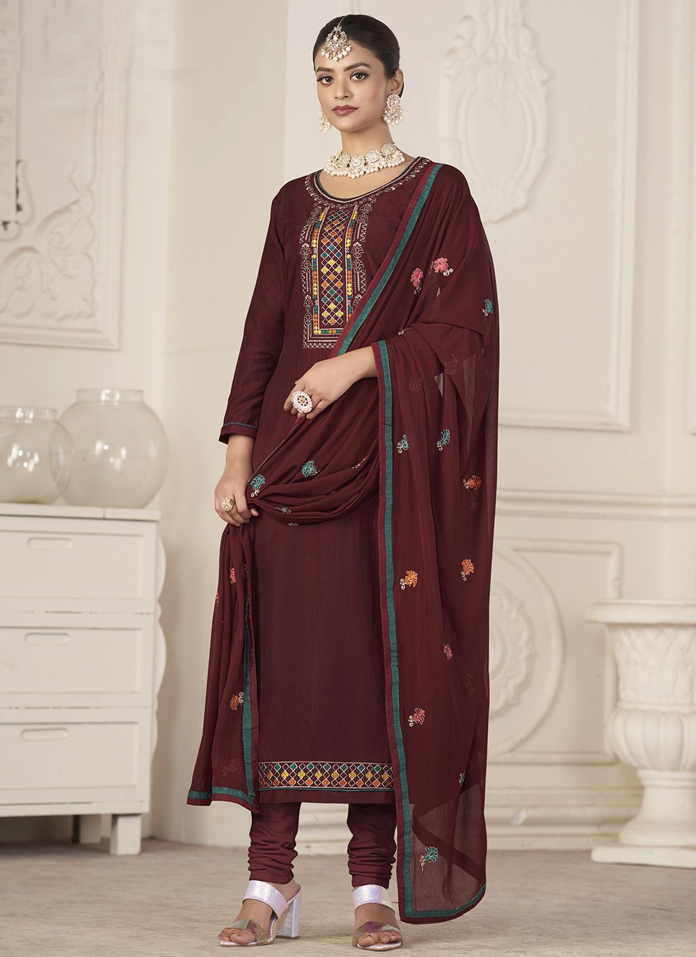 Churidar Suit Jacquard Brown Embroidered Salwar Kameez