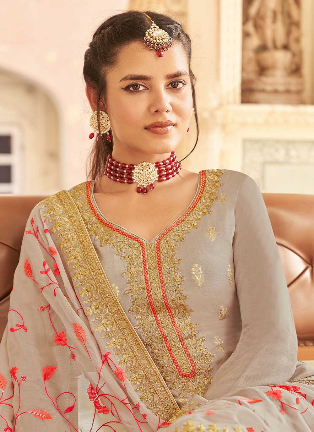 Palazzo Salwar Suit Jacquard Pure Dola Grey Embroidered Salwar Kameez