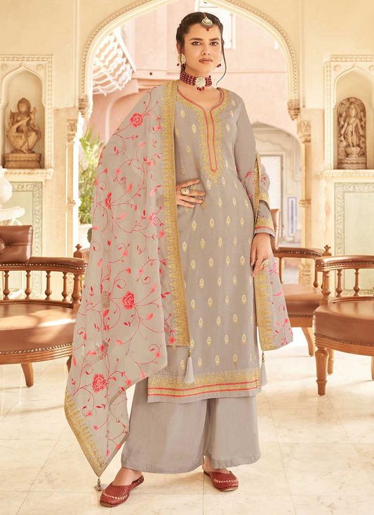 Palazzo Salwar Suit Jacquard Pure Dola Grey Embroidered Salwar Kameez