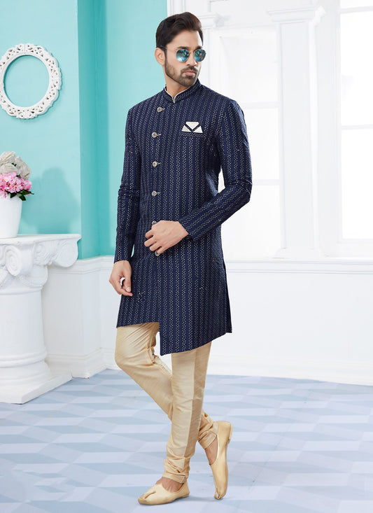 Indo Western Sherwani Jacquard Blue Thread Mens