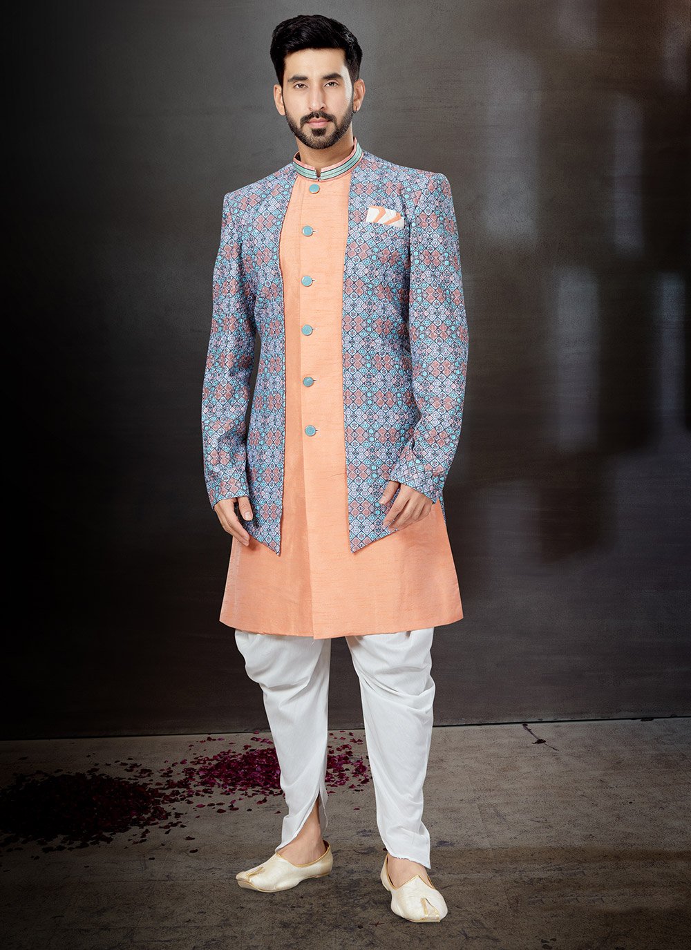 Indo Western Sherwani Dupion Silk Jacquard Multi Colour Peach Embroidered Mens