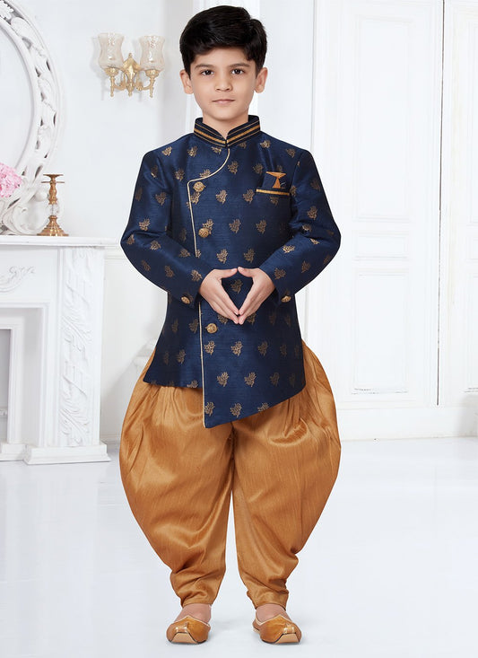 Indo Western Sherwani Jacquard Blue Lace Kids