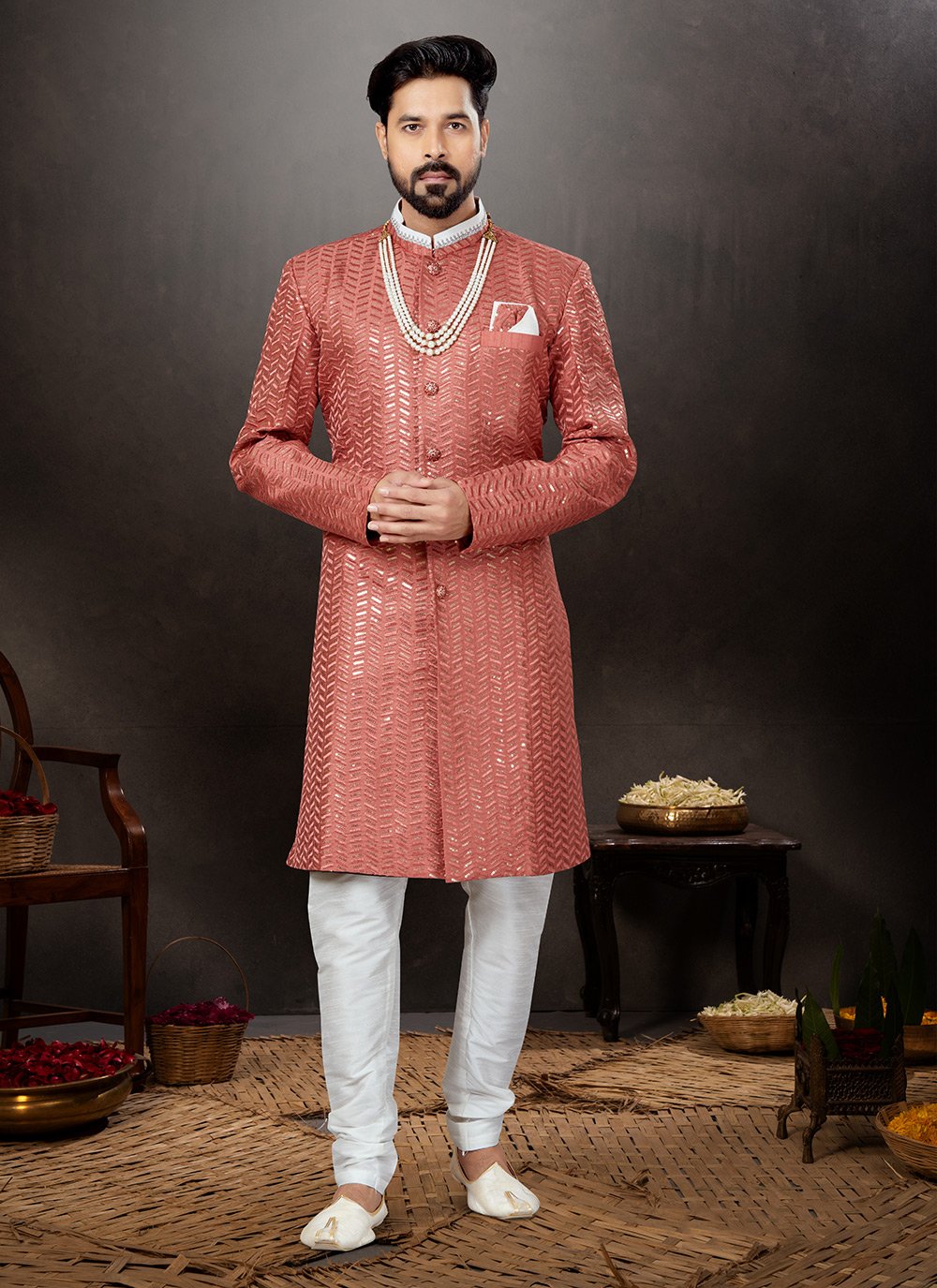 Indo Western Sherwani Jacquard Pink Embroidered Mens