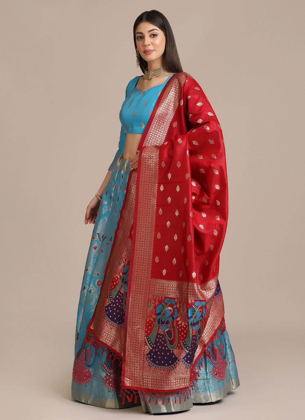 Lehenga Choli Jacquard Aqua Blue Woven Lehenga Choli