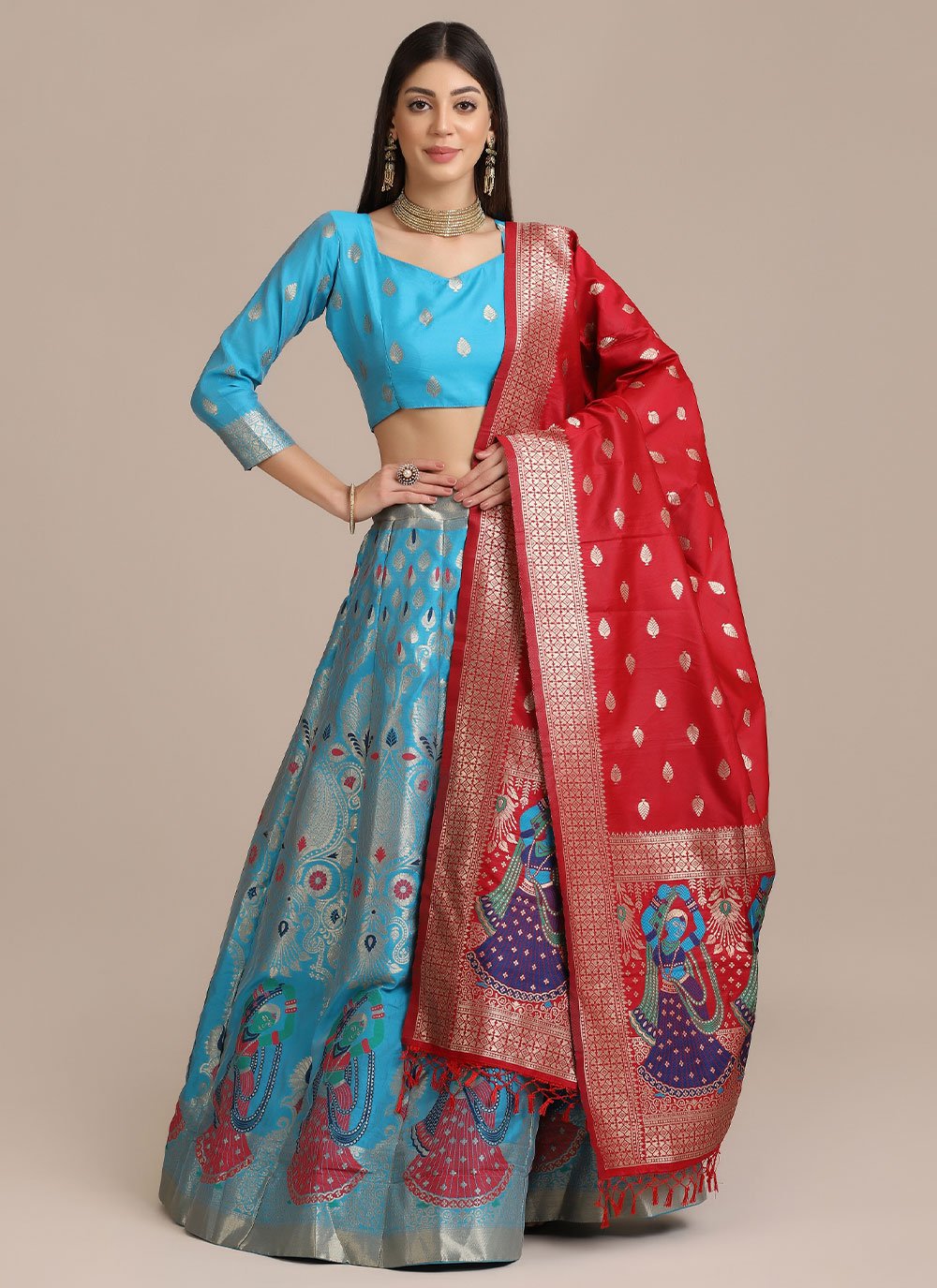 Lehenga Choli Jacquard Aqua Blue Woven Lehenga Choli