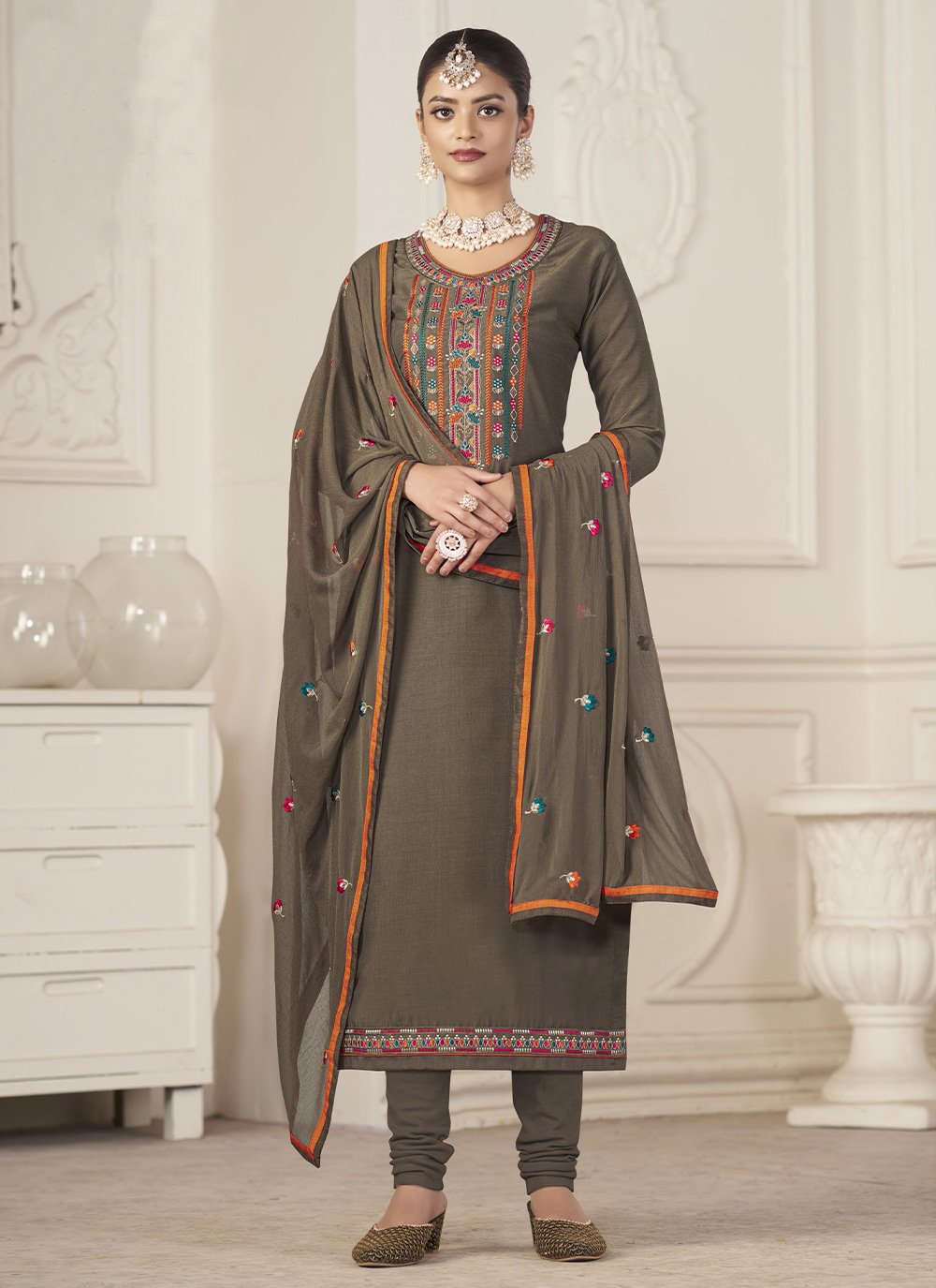 Salwar Suit Jacquard Green Embroidered Salwar Kameez