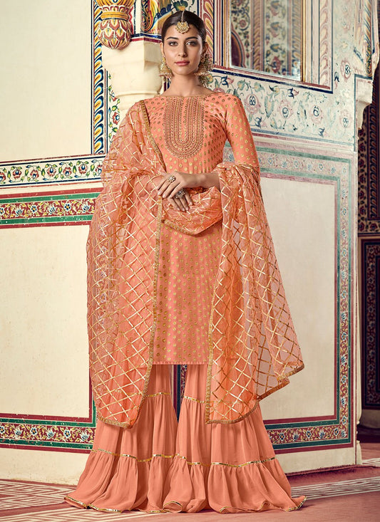 Salwar Suit Jacquard Viscose Peach Embroidered Salwar Kameez