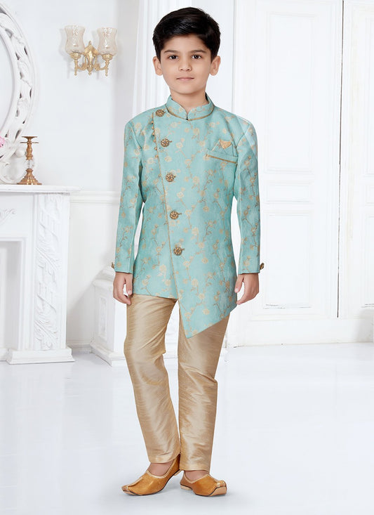 Indo Western Sherwani Jacquard Turquoise Lace Kids