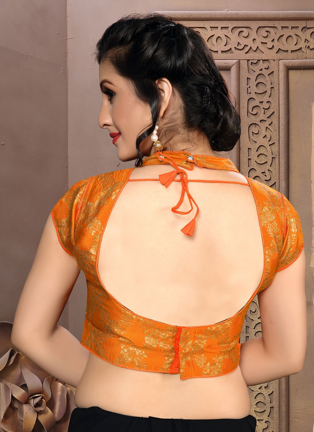 Designer Blouse Jacquard Orange Weaving Blouse