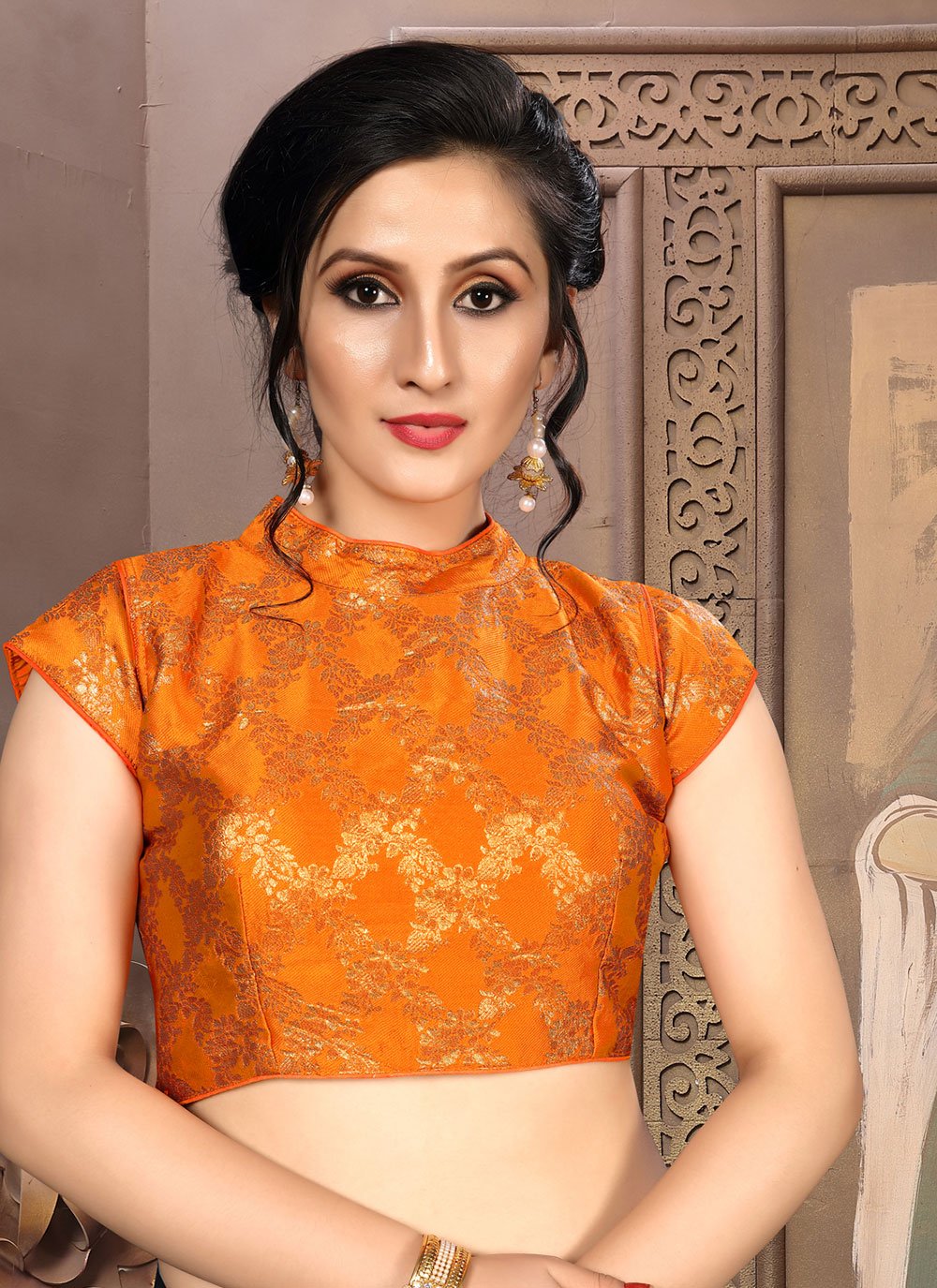 Designer Blouse Jacquard Orange Weaving Blouse