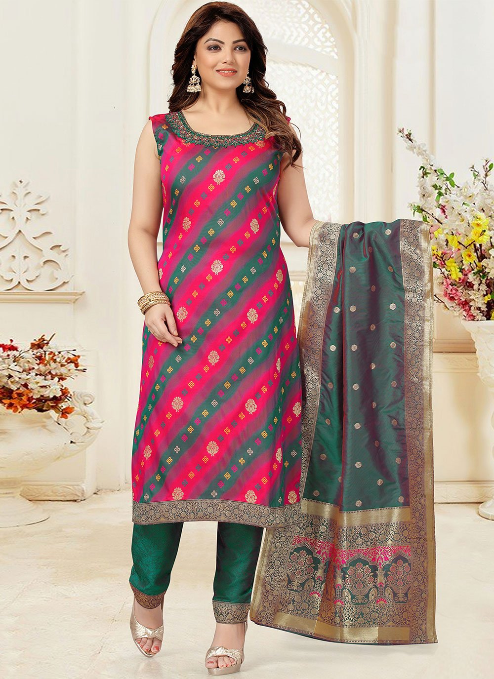 Pant Style Suit Jacquard Multi Colour Embroidered Salwar Kameez